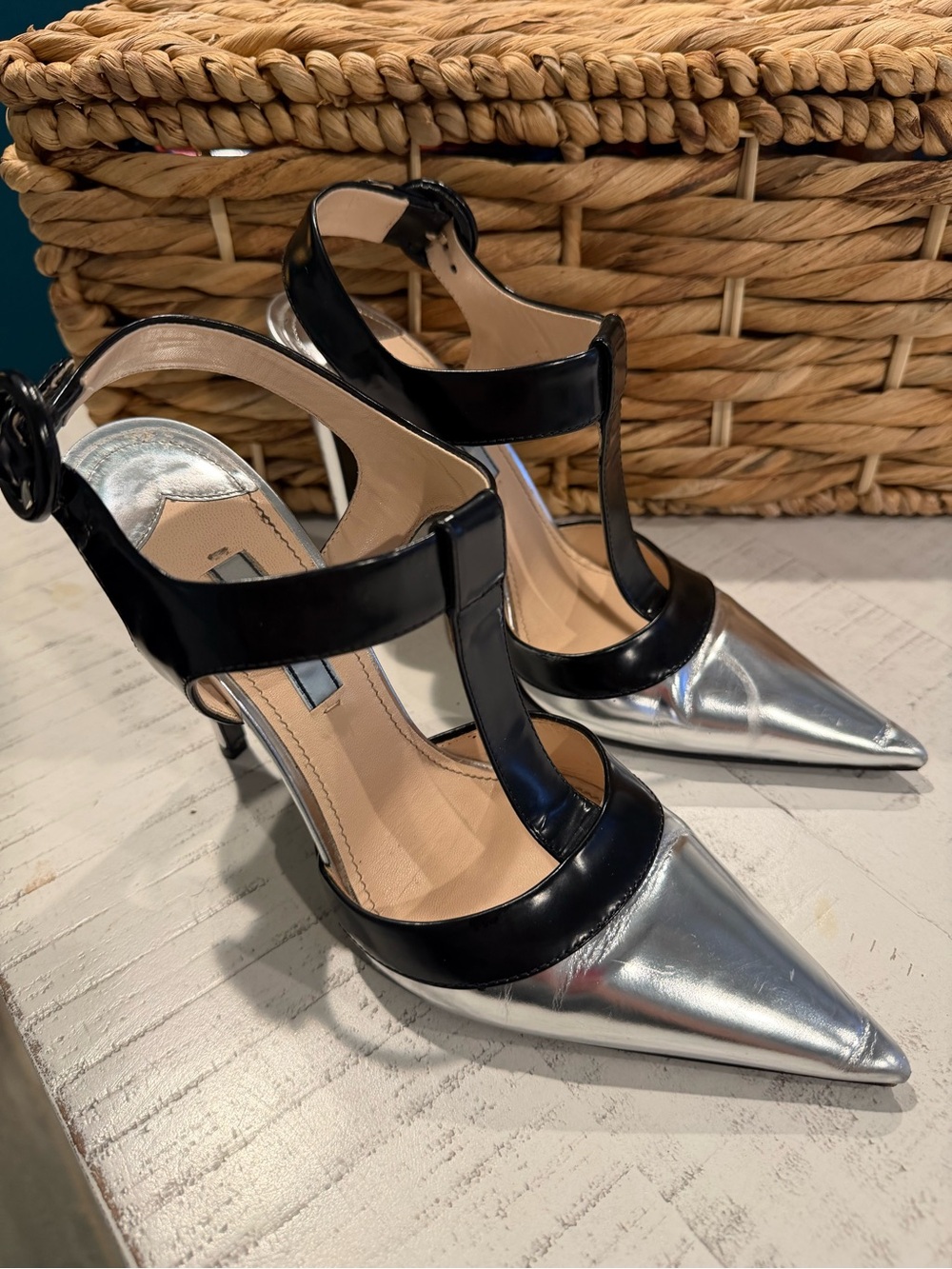 Prada Milano Black & Silver Pointed Toe Ankle Strap Heels